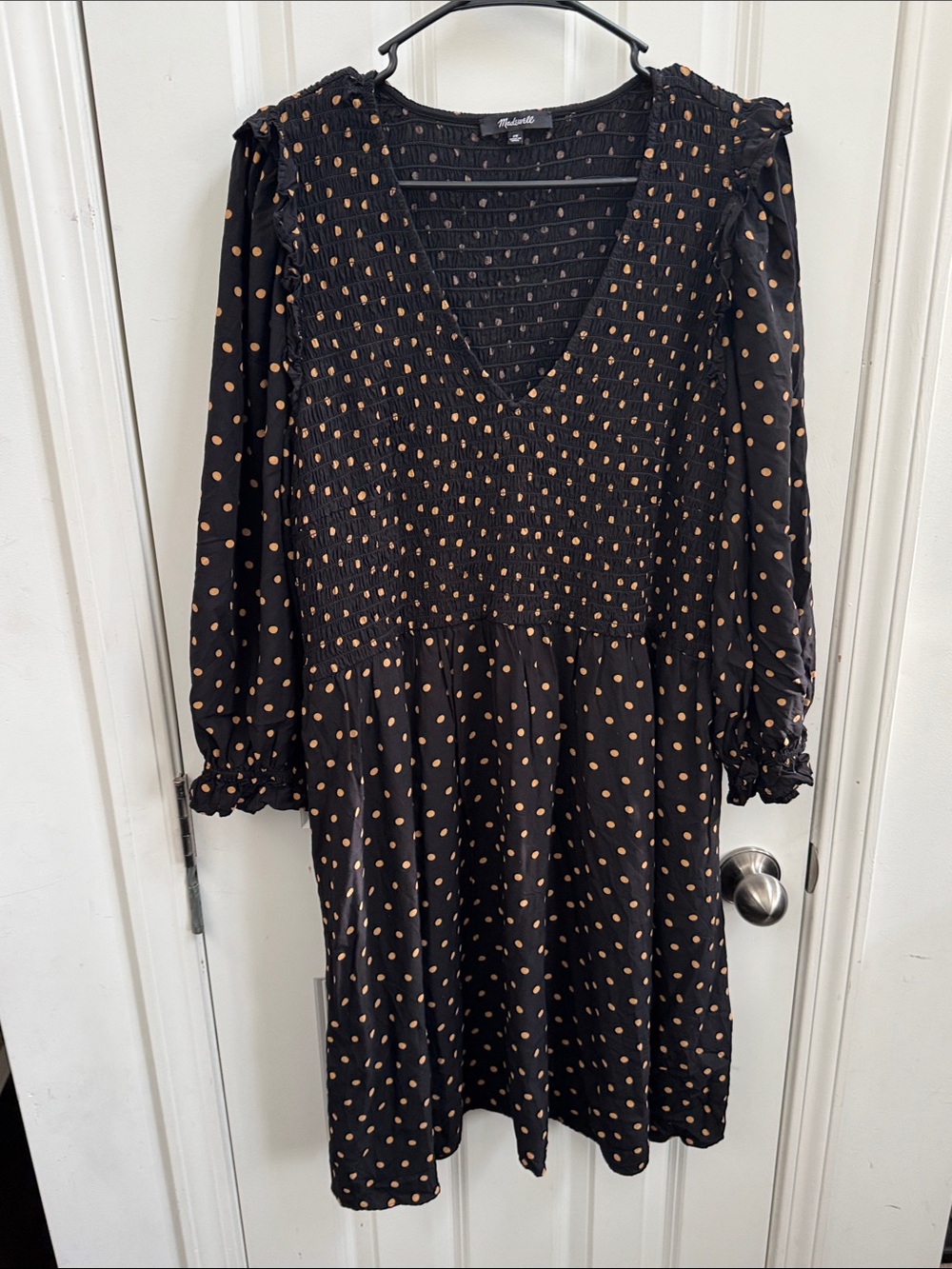 Madewell Black Dress with Tan Polka Dots — Long Sleeve V-Neck